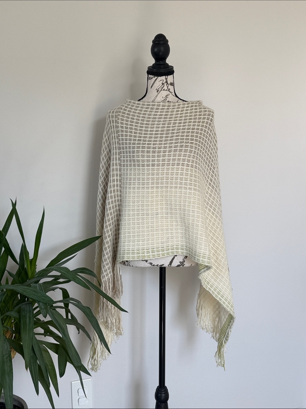 Neutral Cream and Hint of Green Waffle Weave Fringe Poncho
